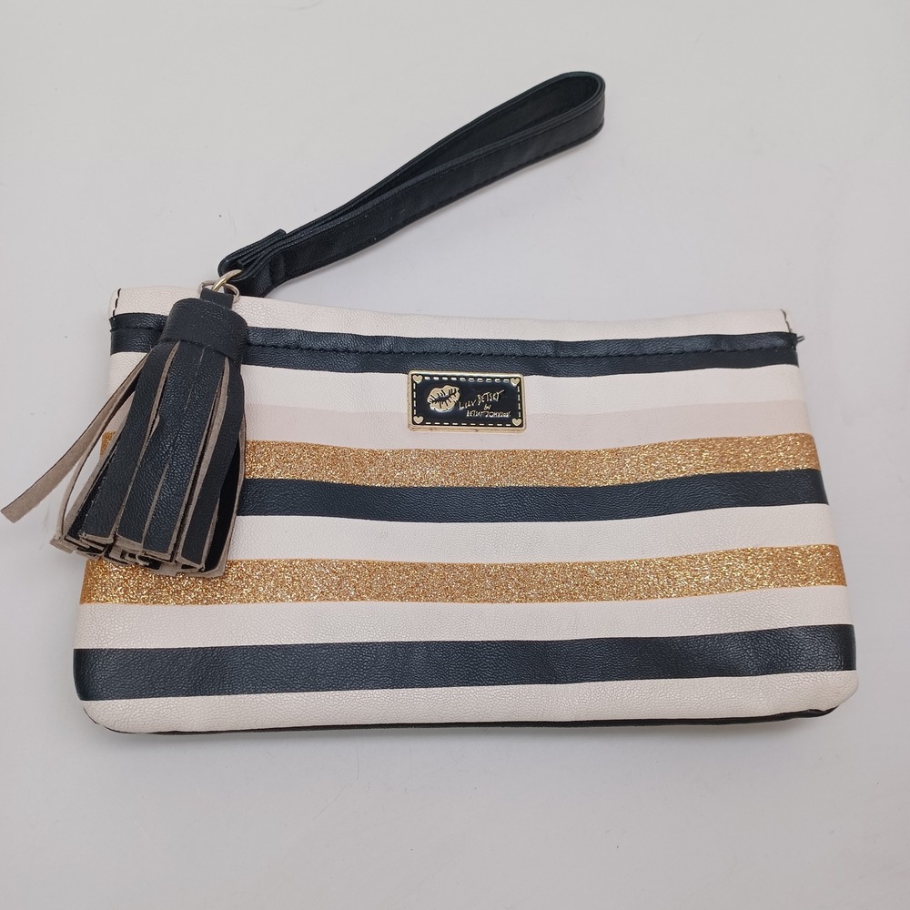 Luv Betsey by Betsey Johnson Striped Glitter Wristlet Pouch Black Gold Cream - Picture 13 of 13